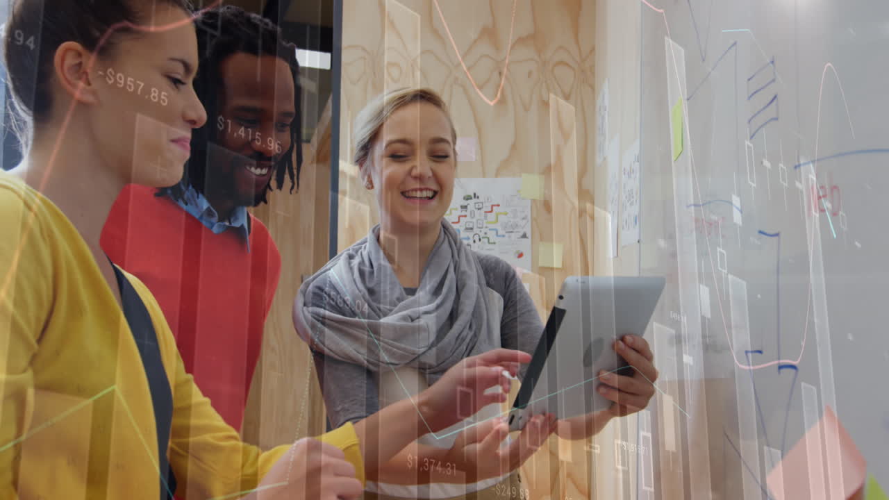 Animation of financial data processing over group of business people