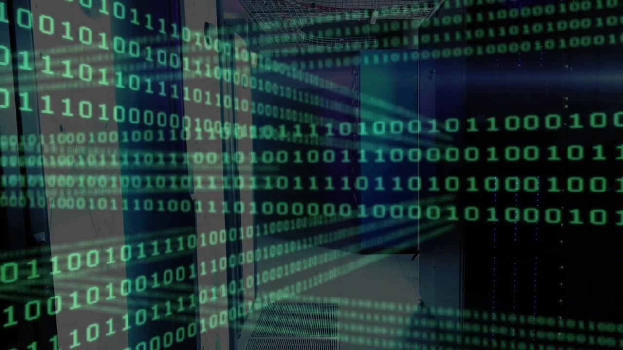 At start binary code streams flowing down server corridor toward viewer, visualizing data flow