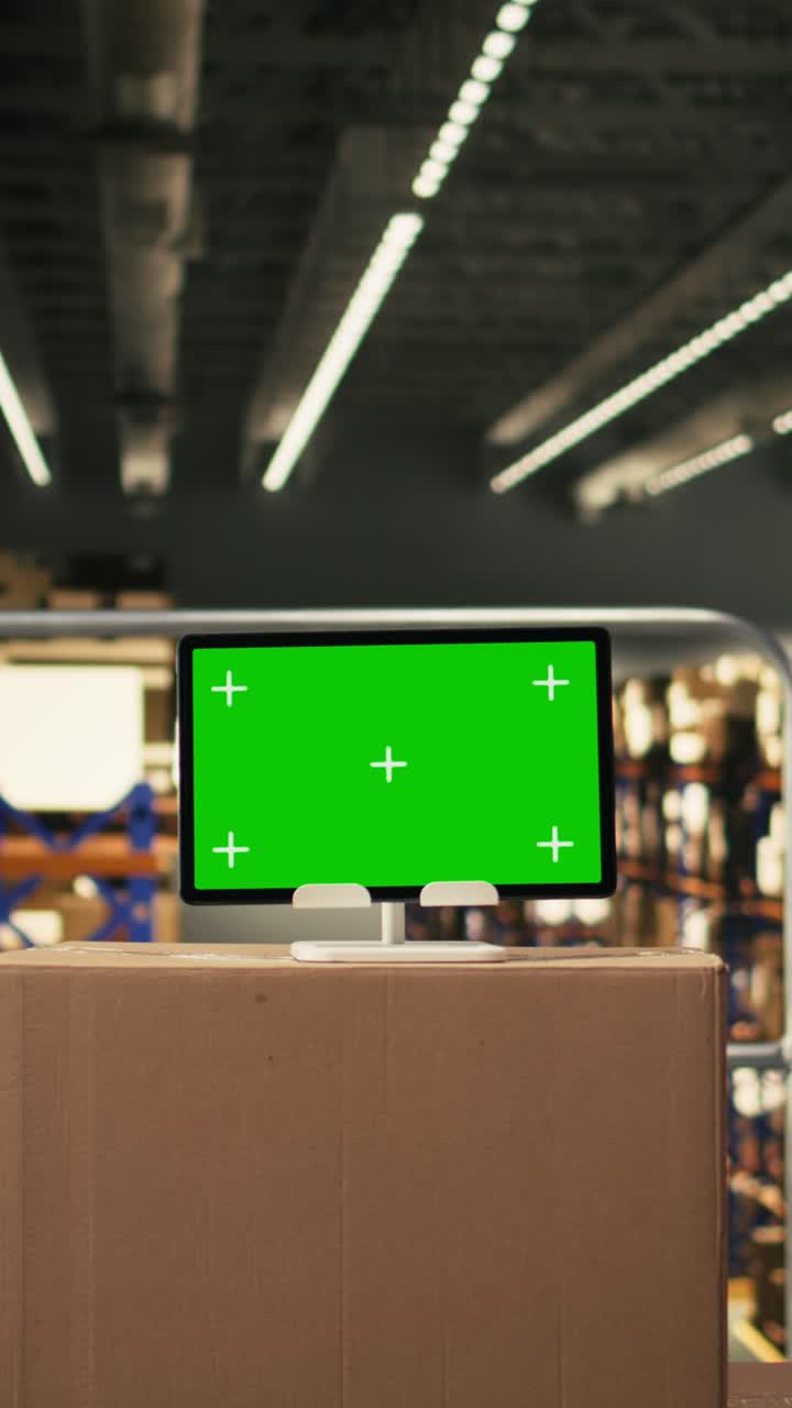 Vertical Video Isolated chroma key tablet on cardboard boxes in fulfillment center
