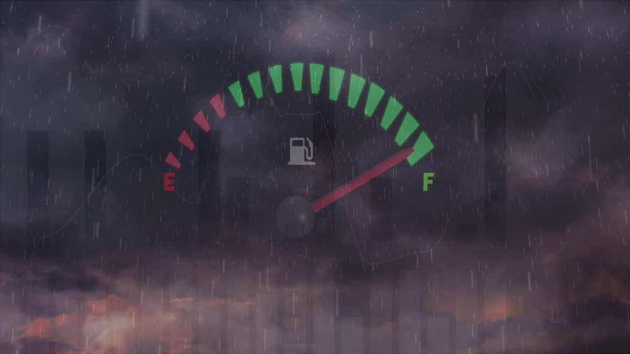 Animaatio nopeusmittarista ja tilastollisesta datankäsittelystä sadetta ja pilviä vasten taivaalla.
