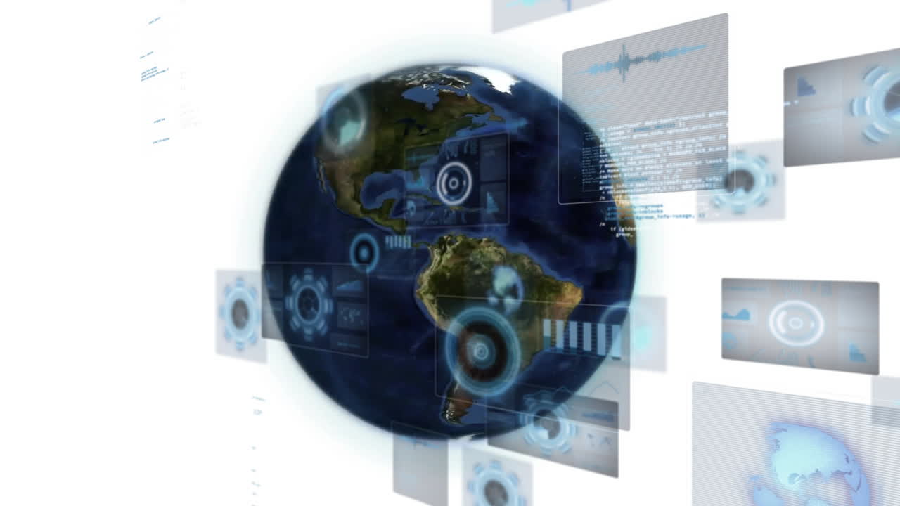 Animation of global technology connections with digital data interfaces around Earth