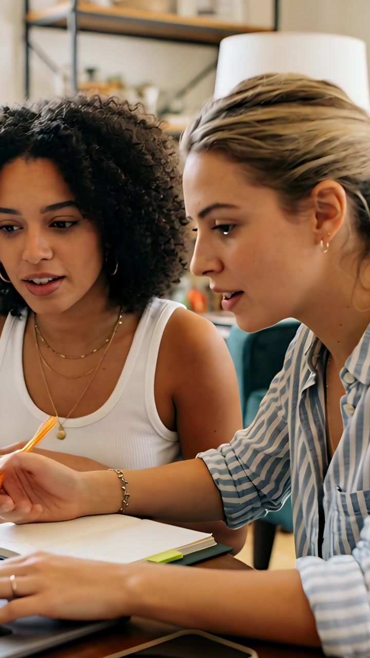 Vertical video: Leaning over notebook students writing with orange pencil pointing studying at home