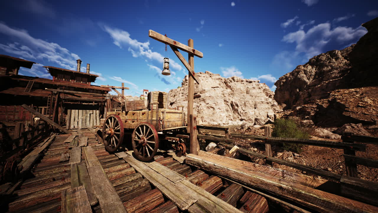 Old wooden wagon on a rustic dock under a clear blue sky in a remote area