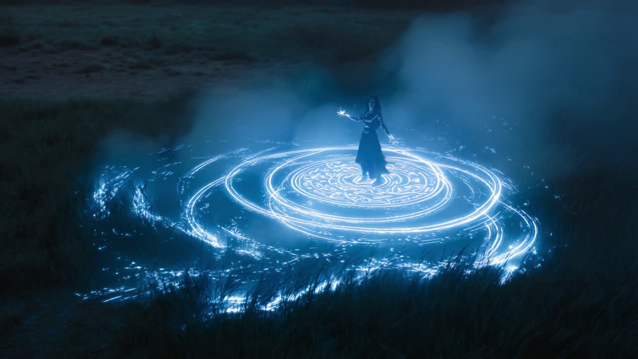 A mysterious figure stands amidst swirling magical energy, surrounded by ethereal blue light in a foggy landscape, channeling powerful sorcery and enchantment