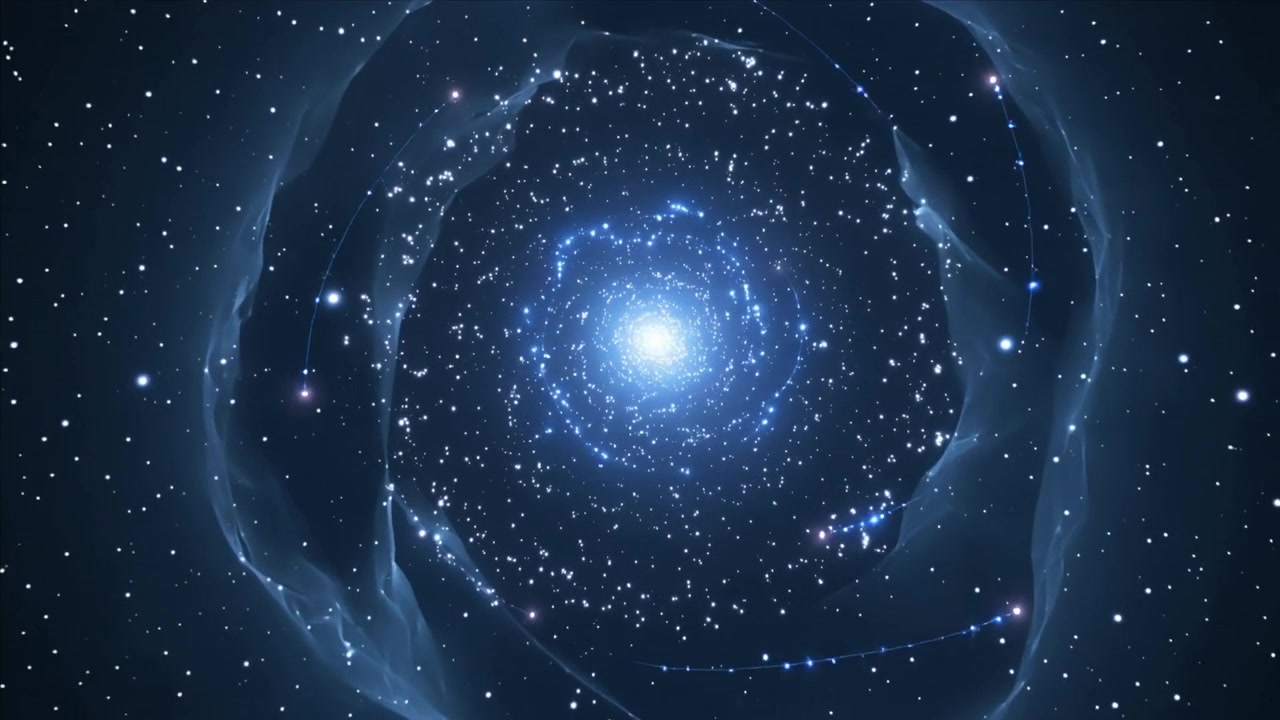 Pulsing core intensifying, rotating spiral nebula tightening arms in deep space, showing streaks