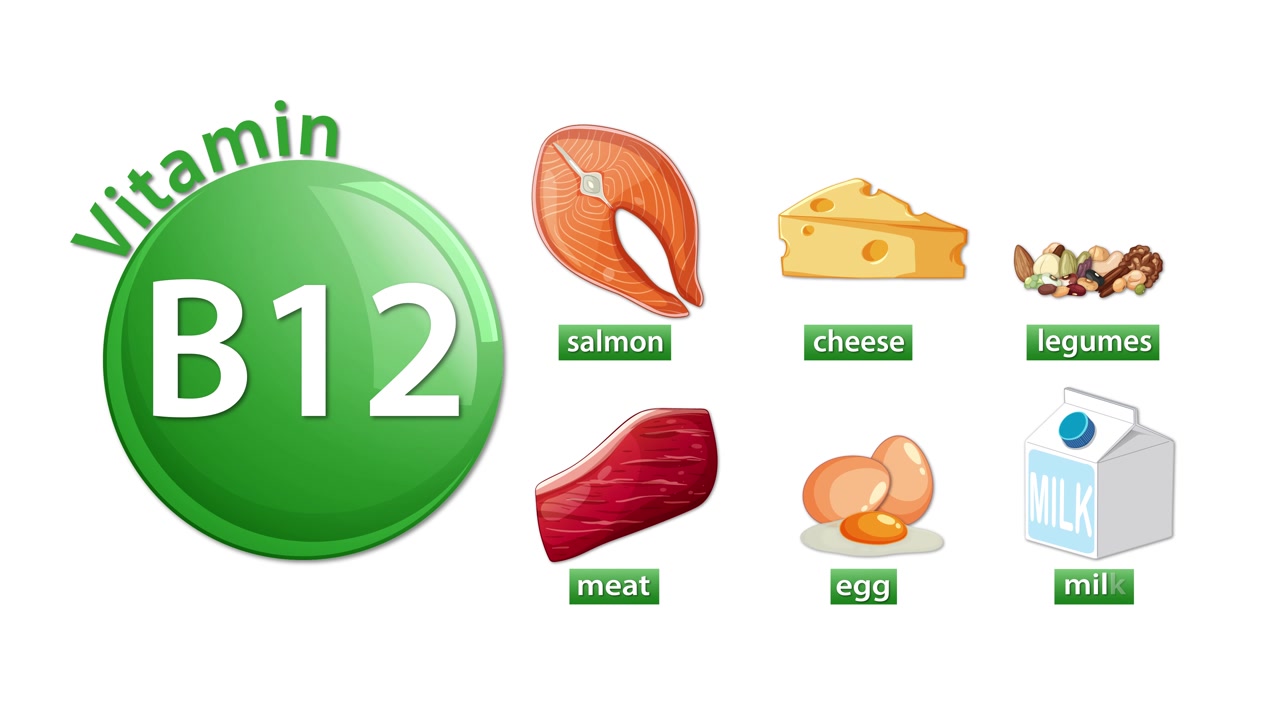 Icona verde con vitamina B12 e illustrazioni animate di salmone, formaggio, legumi, carne, uova e latte su sfondo bianco