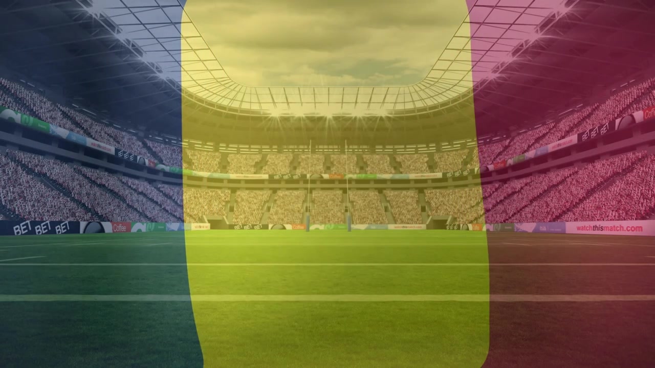 Animazione della bandiera del Belgio che sventola su sfondo della vista di uno stadio sportivo.
