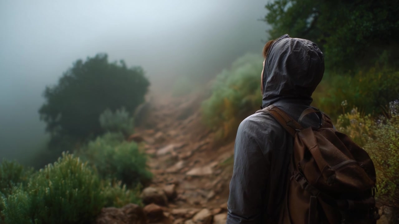 A solitary figure navigates a foggy mountain path, embodying the essence of adventure, exploration, and introspection in a stunning natural landscape.