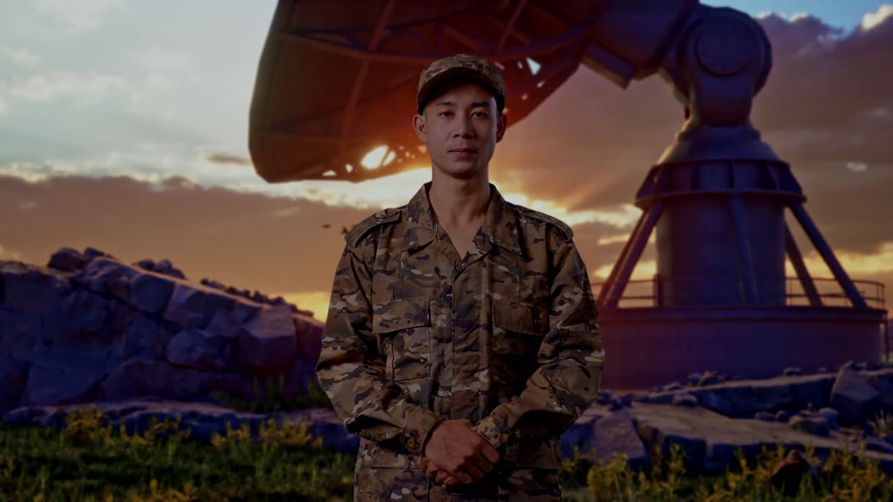 Asian Man Soldier Standing And Looking To Camera With Satellite Dish