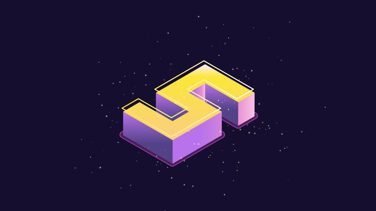 Countdown Timer from 10 to 0. Isometric 3d Numbers in purple and yellow. Falling down animation with particle dust. Video 3d clock Ultra HD 4K 3840x2160