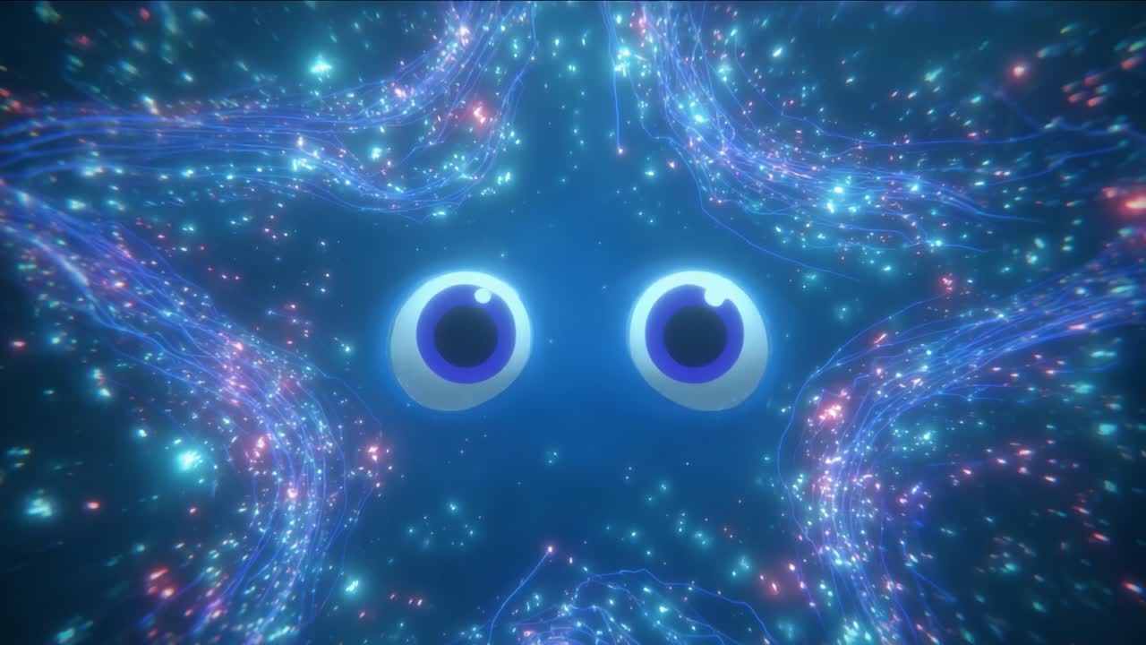 A mesmerizing journey through a vibrant cosmic space filled with swirling lights and captivating colors, where two enchanting eyes gaze curiously into the depths of the universe