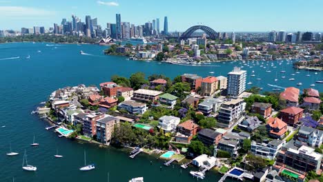 Drone-aerial-landscape-Sydney-City-CBD-skyline-view-Sydney-Harbour-Bridge-Opera-House-tower-bay-yacht-tourism-travel-residential-housing-Cremorne-Point-Neutral-Bay-Kirribilli-NSW-Australia-4K