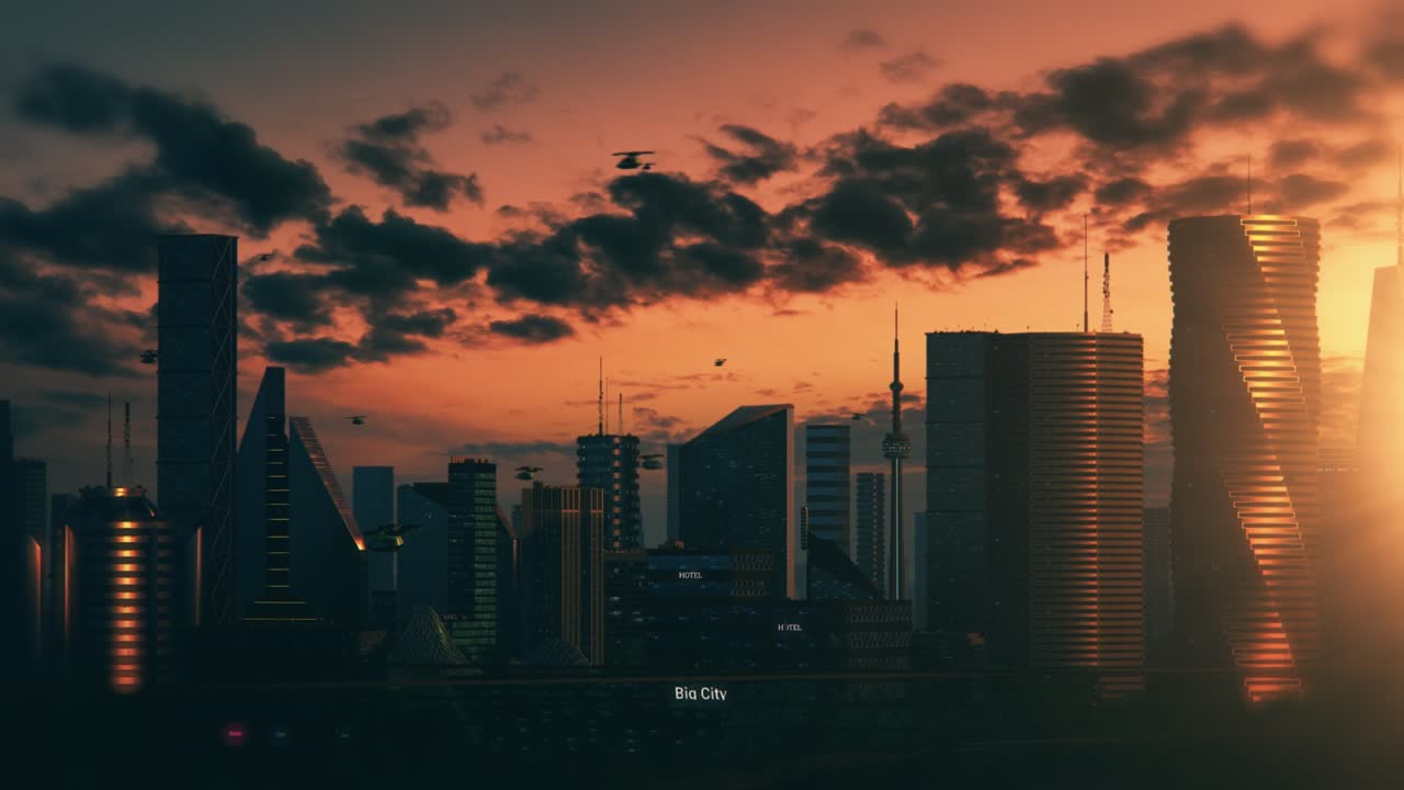 Concepto de Ciudad Futurista. Plano general de una megápolis urbana moderna animada con rascacielos creativos con bancos, oficinas, hoteles, máquinas voladoras autónomas y un cielo nublado y atardecer perfectos