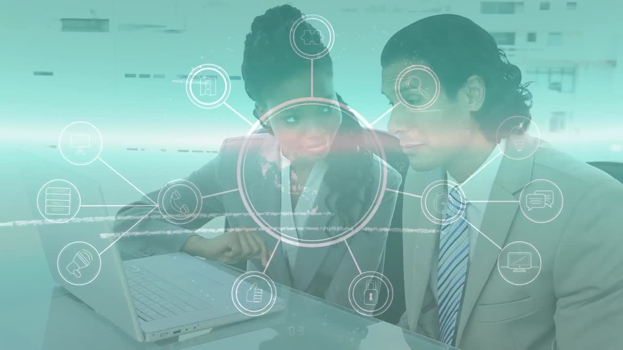 전 세계 데이터 처리의 애니메이션과 다양한 비즈니스 사람들이 사무실에서 이야기하고 있습니다.