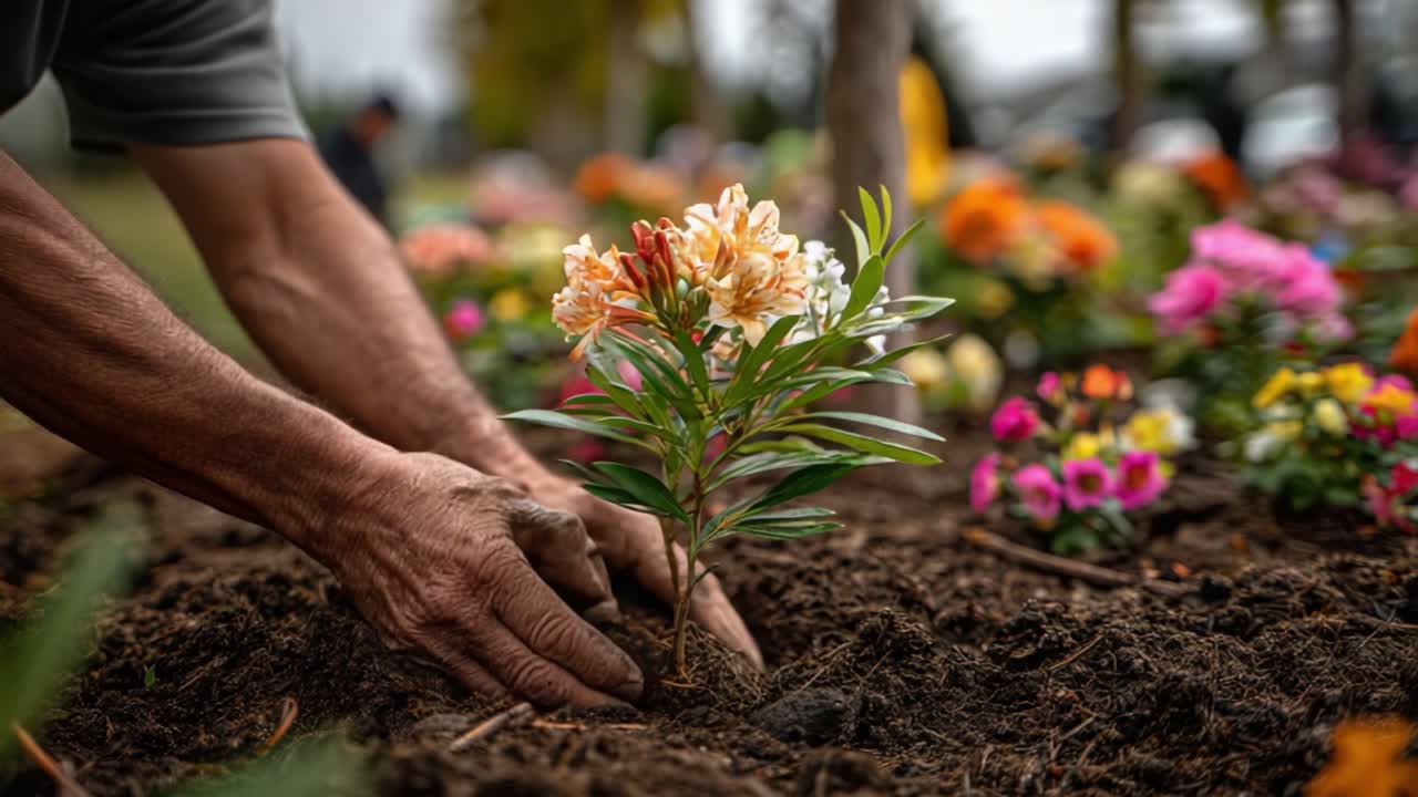 En närbild av en trädgårdsmästare som planterar en vacker blomma i näringsrik jord, omgiven av färgglada blommor, vilket visar glädjen i att ge naturen nytt liv.
