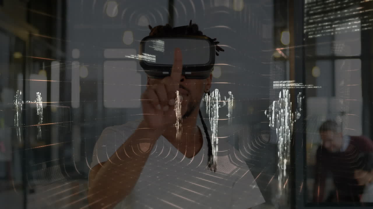 Animation of financial data processing over businessman using vr headset