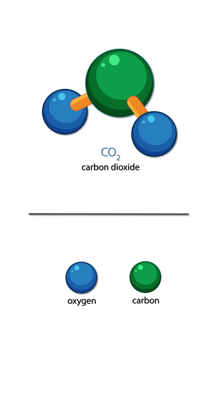 Animated carbon dioxide molecule diagram with labeled oxygen and carbon atoms, clean white background