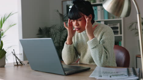 headache, stress and burnout for woman with laptop