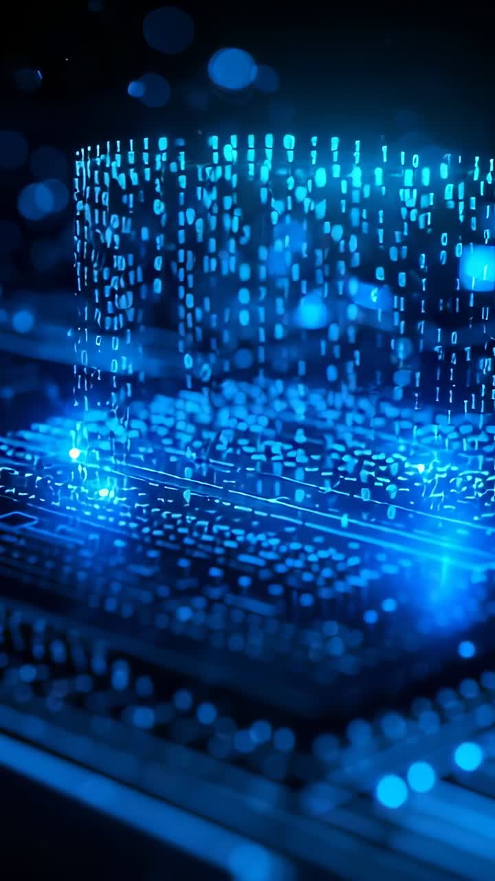 Vertical video: Cascading binary streams forming hologram cylinder on circuit board, blue lights
