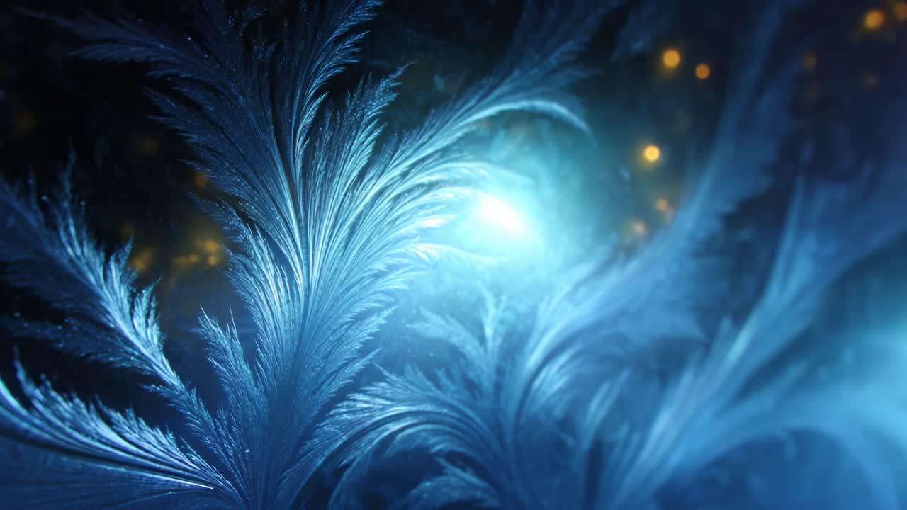 A mesmerizing close-up view of intricately detailed frost patterns capturing a frost-like aesthetic illuminated by ethereal lights, showcasing the beauty of icy textures and nature's artistry