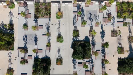 aerial shot overhead a corporate building with multiple trees outside