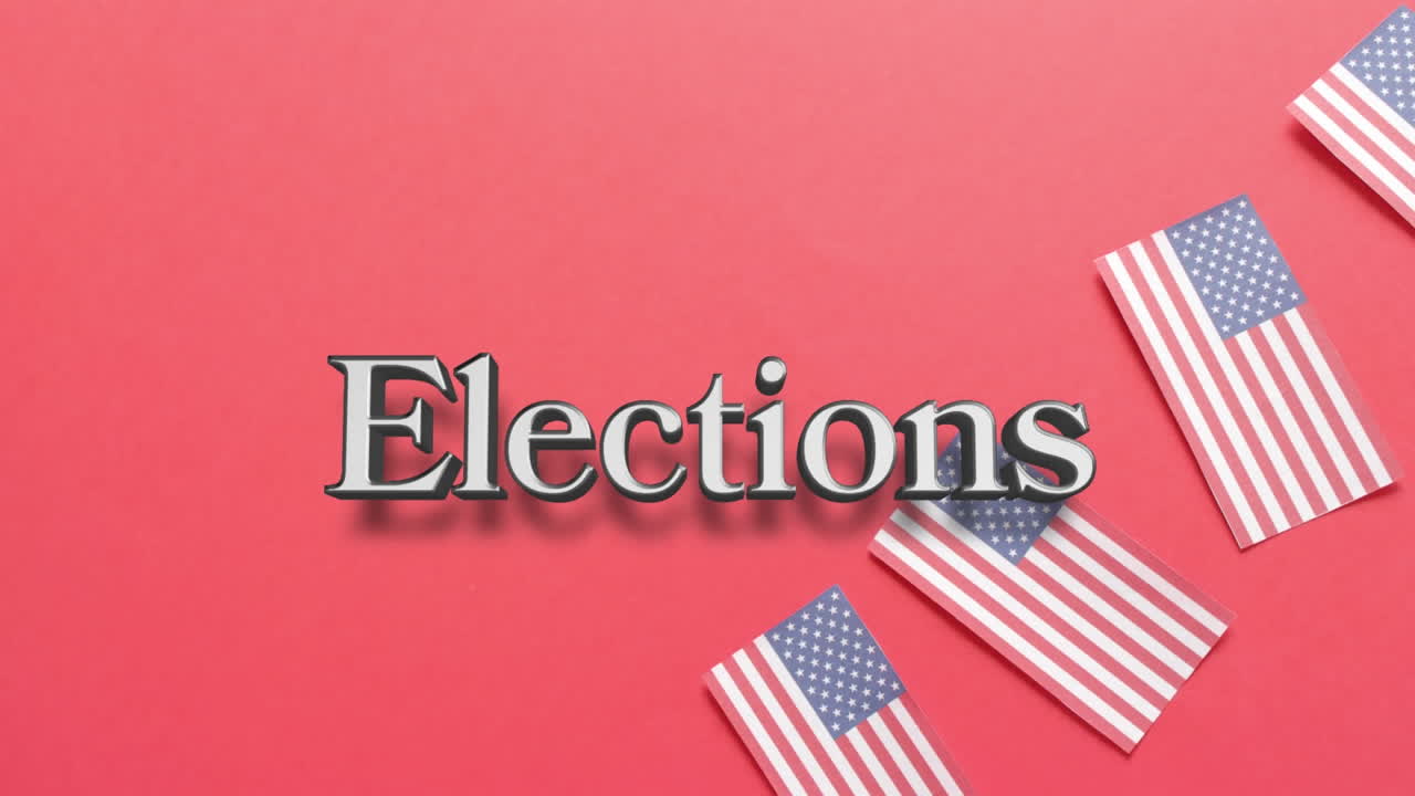 Animation of elections text over flags of united states of america on red background