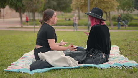 two women having a conversation during a picnic in the park