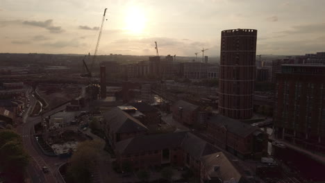 wide static shot of cityscape at sunset in leeds, uk