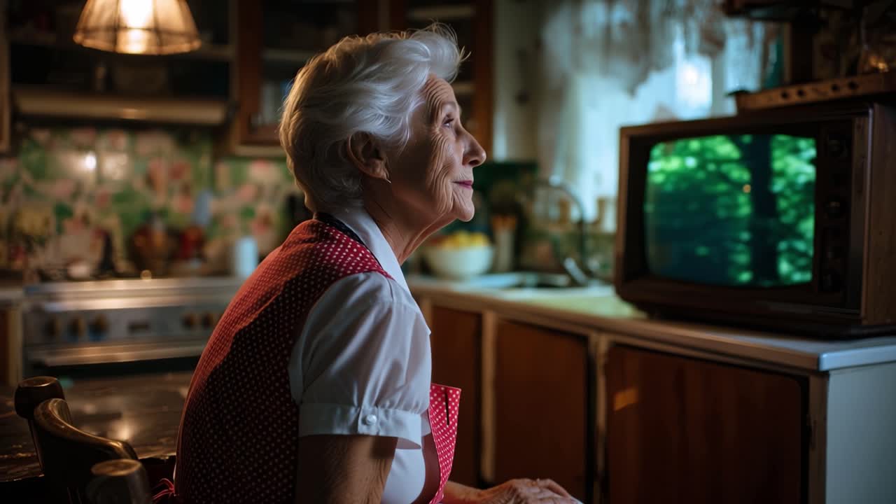 Warme Küche. Eine alte Frau schaut fern. Ihre Augen folgen einer grünen Waldszene. Sie sitzt ruhig, ganz versunken. Der Vintage-Fernseher leuchtet sanft. Perfekt für Nostalgie oder ruhige Momente.