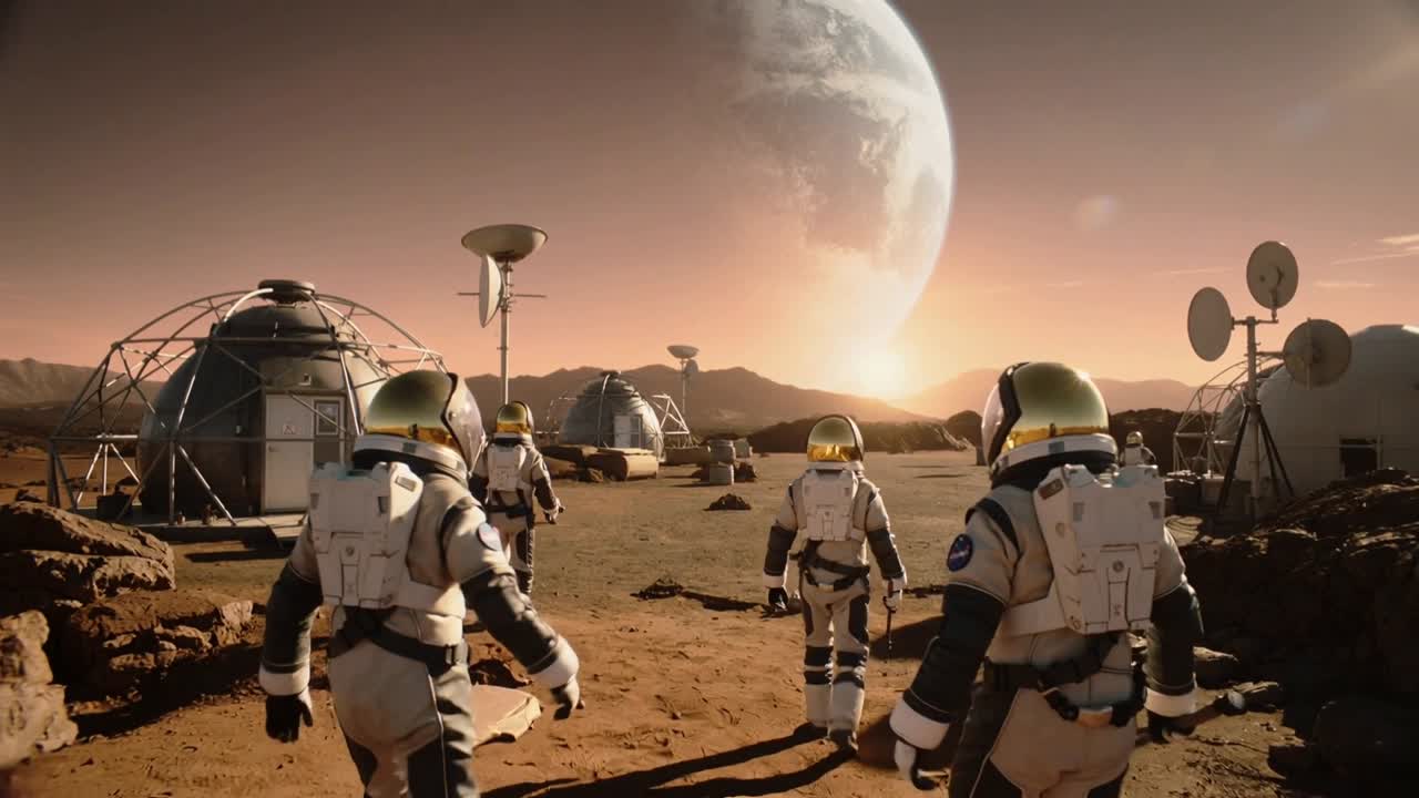 Kävelevät puvutetut astronautit palaavat EVA-tehtävältä kohti siirtokuntaa, ohittaen geodeettisen kupolin ja lautasantenniryhmät.