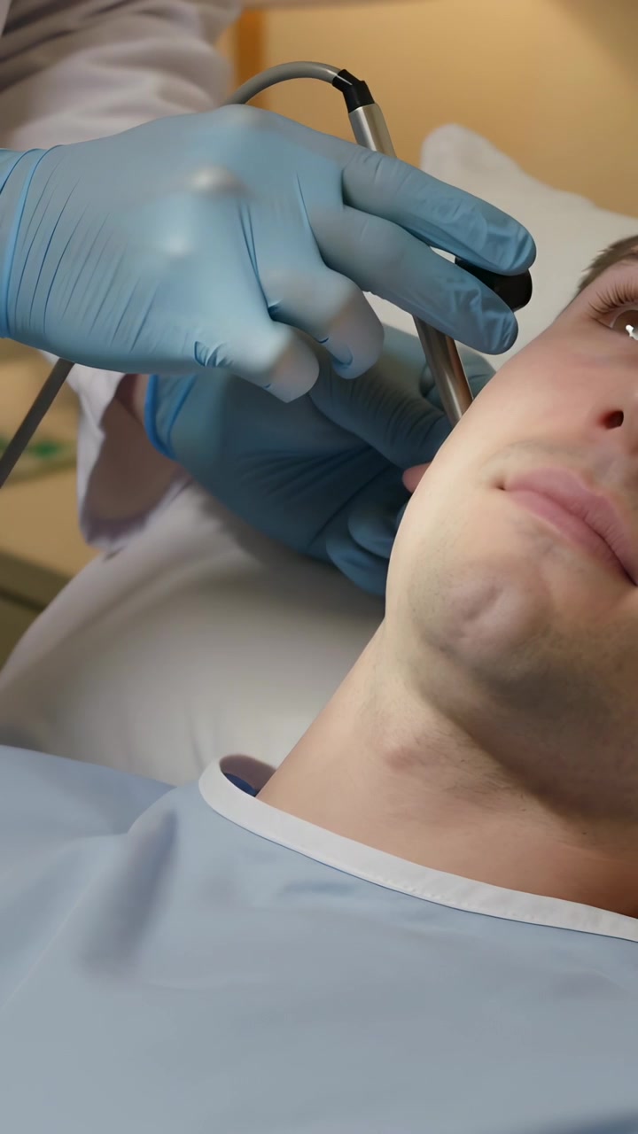 Video verticale: Un clinico avvicina una sonda per scansionare il collo di un paziente in una clinica, con il camice per l'esame.