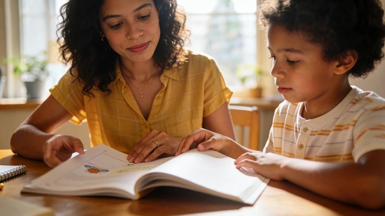 Un adulto con una maglietta gialla osserva un bambino che ricalca, girando le pagine e guidando la lettura al tavolo, con un libro illustrato.