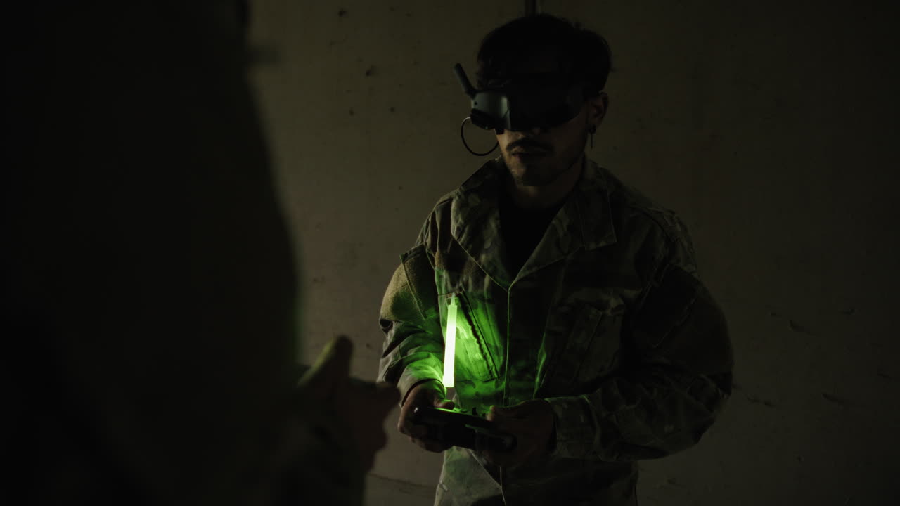Military FPV Drone Pilots Inside a Bunker Preparing to Bomb