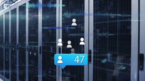 animación del icono del perfil con números crecientes y procesamiento de datos contra la sala de servidores de computadora