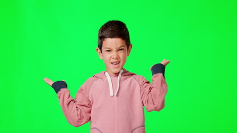 Green-screen,-confused-and-annoyed-child-shrugging