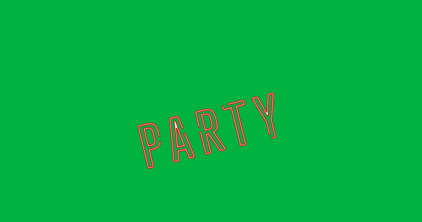 Animazione digitale di banner testuale 'party' arancione neon su sfondo nero
