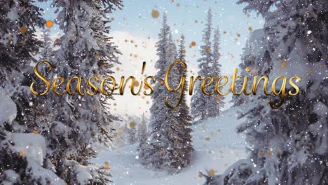 animation of season's greetings and snow falling over winter countryside scenery