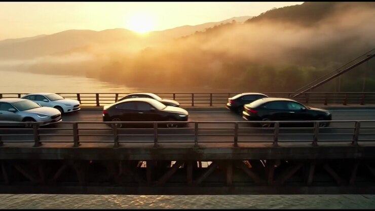 Convoy de coches modernos cruzando un puente al amanecer.