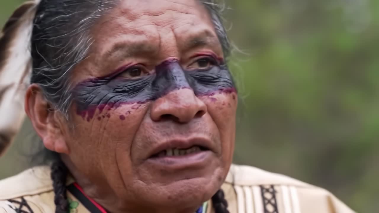 An indigenous elder engages in a ceremonial gathering, sharing insights about culture and traditions amid lush rainforest scenery. The event highlights indigenous heritage and community bonds.