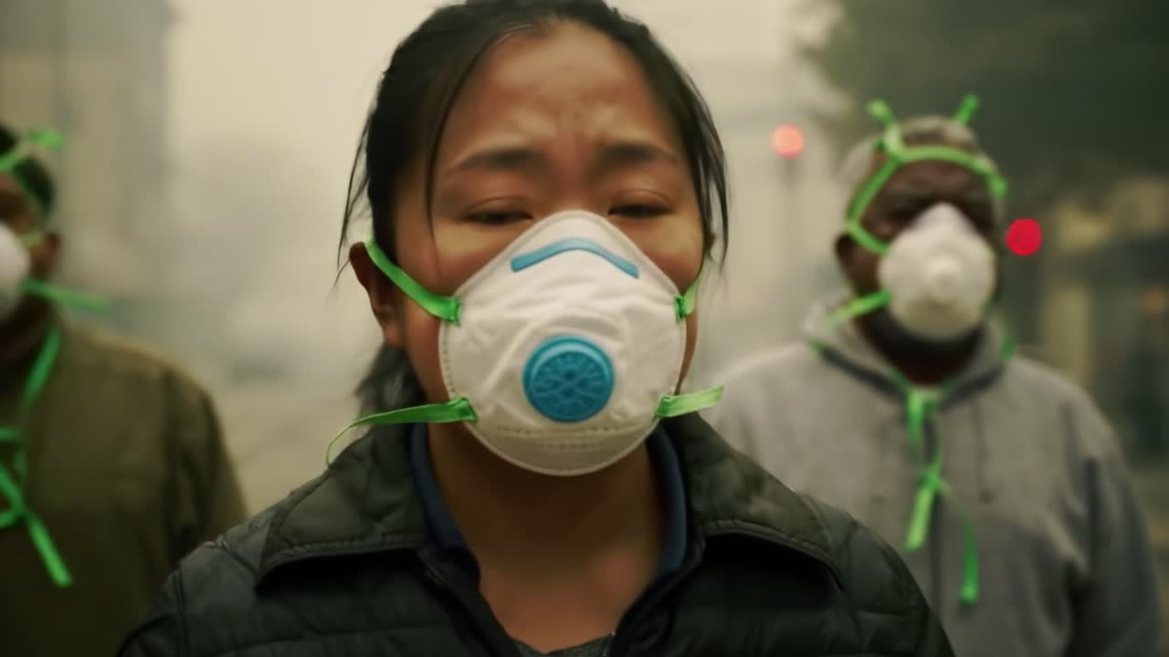 People Wearing Protective Masks in a Smoky Environment: Community Response to Air Pollution and Environmental Crisis in Urban Area