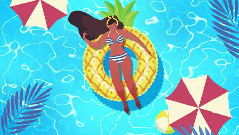 woman relaxing in a pool with a pineapple float