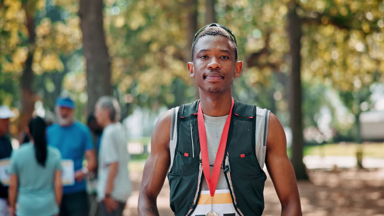 메달 을 받은 행복 한 달리기 선수