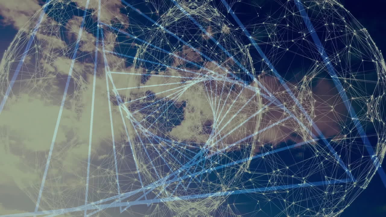 Animation of digital globe with interconnected lines in cloudy sky showing connectivity