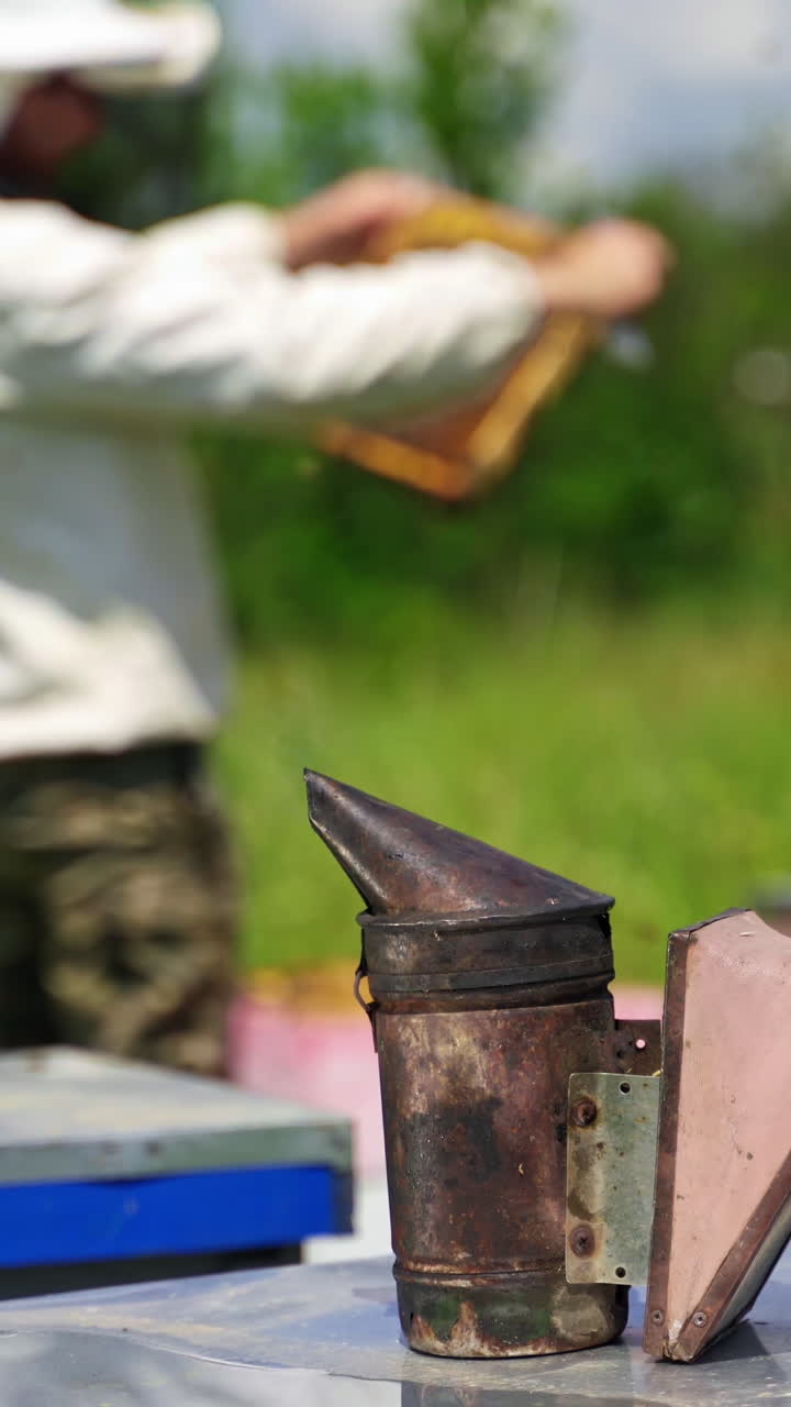 Apiary tool. Chimney on the background of beekeeper examining bees in summer. Bee smoker stands on a beehive. Vertical video