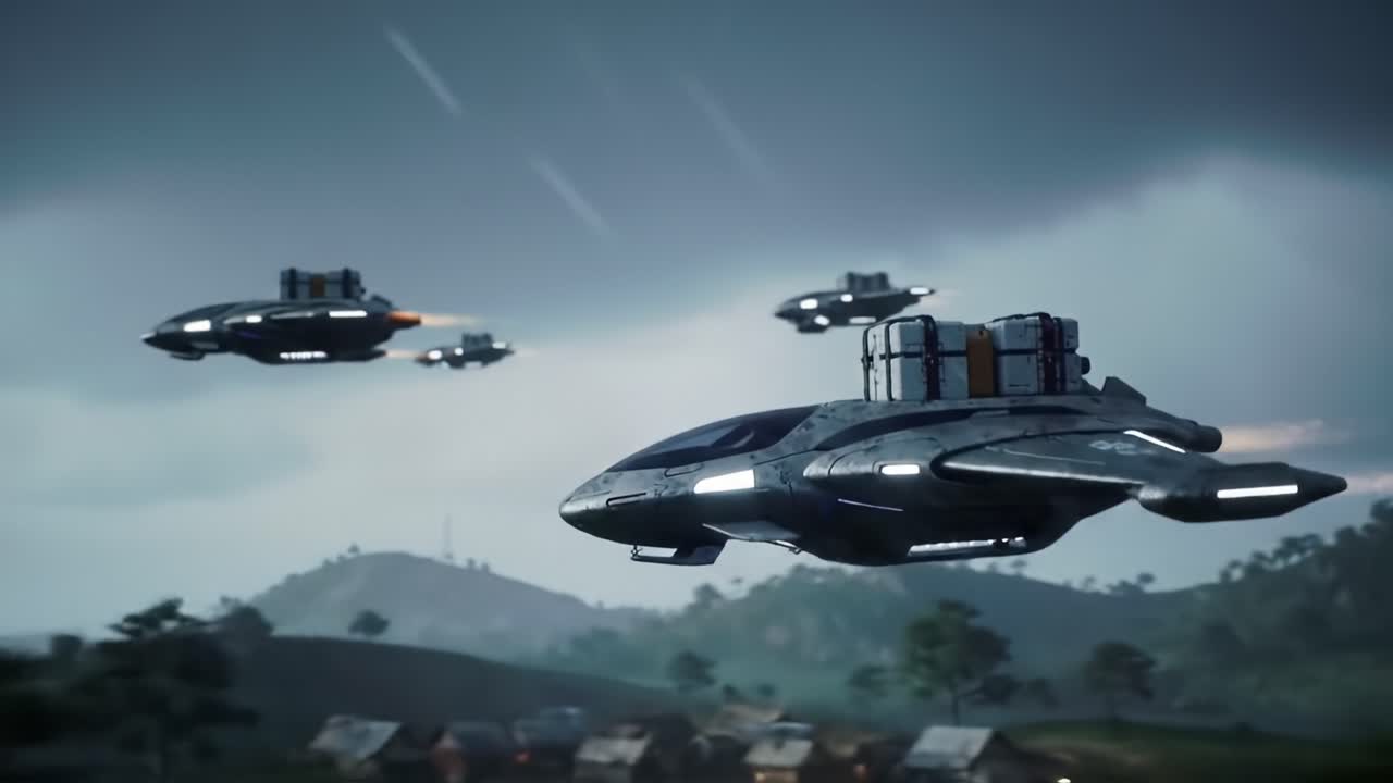A Fleet of Advanced Spaceships Navigating Through a Stormy Sky, Demonstrating Futuristic Technology and Aerial Agility Amidst Dark Clouds and Distant Landscapes