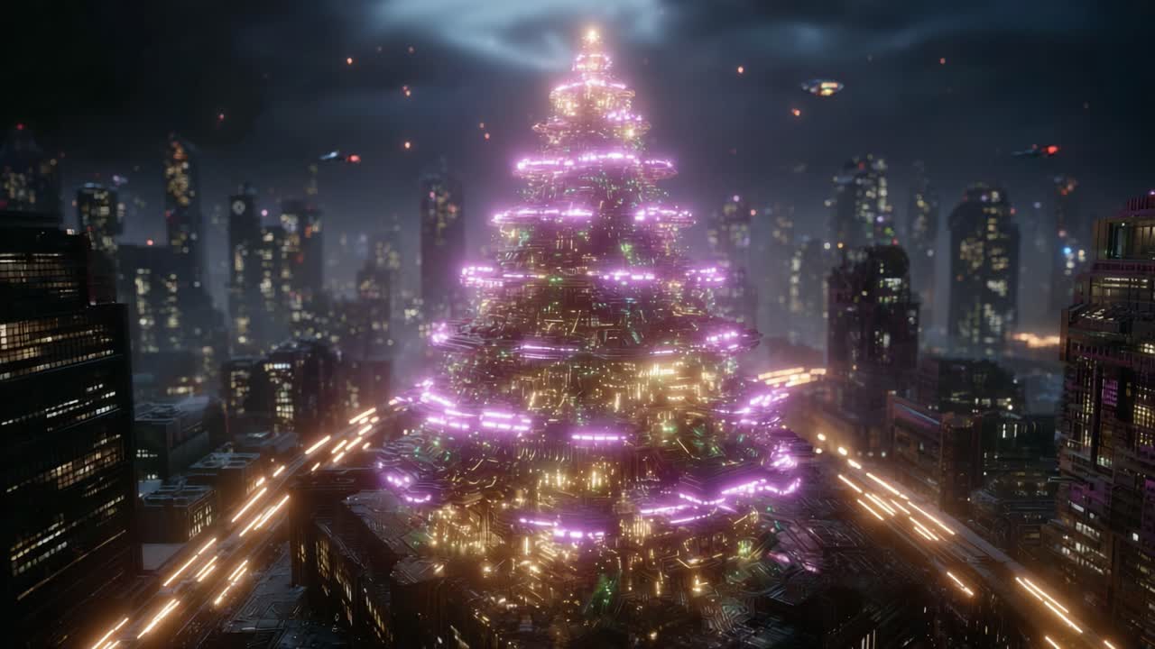 A Captivating Nighttime Cityscape Illuminated by a Stunningly Decorated Tree, Rich with Lights and Surrounded by a Glittering Skyline, Creates a Magical Atmosphere