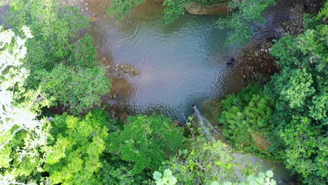 Orbit-up-drone-view-of-the-Salto-Del-Limon-Waterfall-in-the-Samana-peninsula,-Dominican-Republic