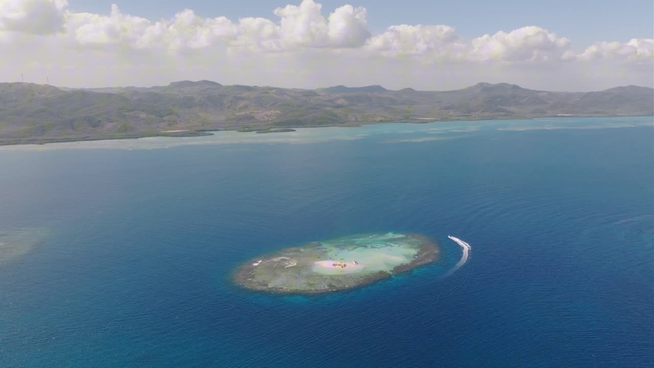 Aerial View of Cayo Arena Island, Dominican Republic, Sandbar and Coral Reefs With Misty Coastline