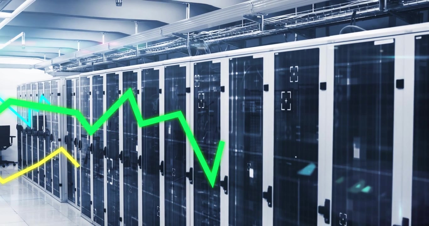 Traveling green trace appearing left, moving across glass server racks in data center, showing load
