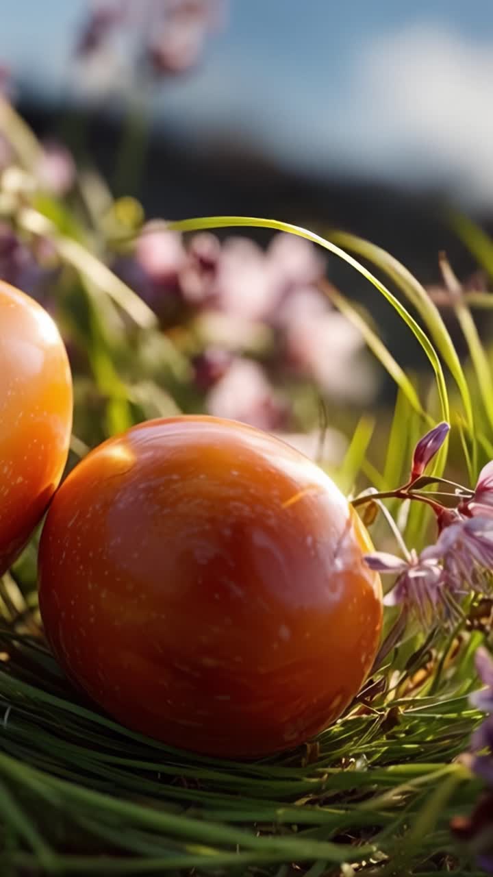 Two Glimmering Orange Spheres Resting Amidst Vibrant Flowers and Lush Greenery, Capturing the Beauty of Nature's Colorful Palette in a Tranquil Setting